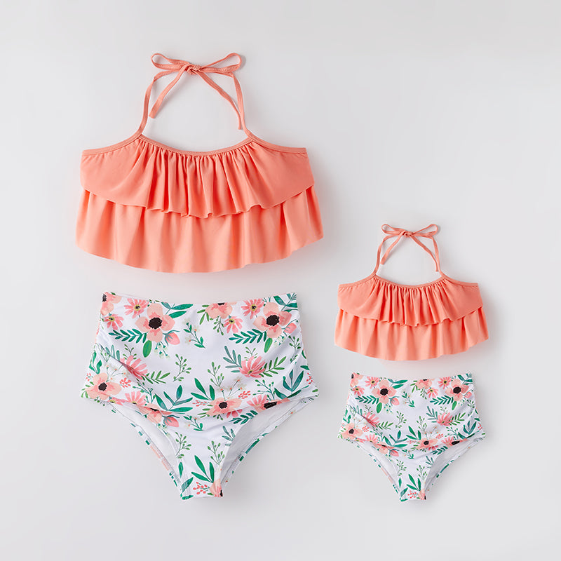 （In Stock）Mommy and Me Summer Coral Floral Print Swimsuit