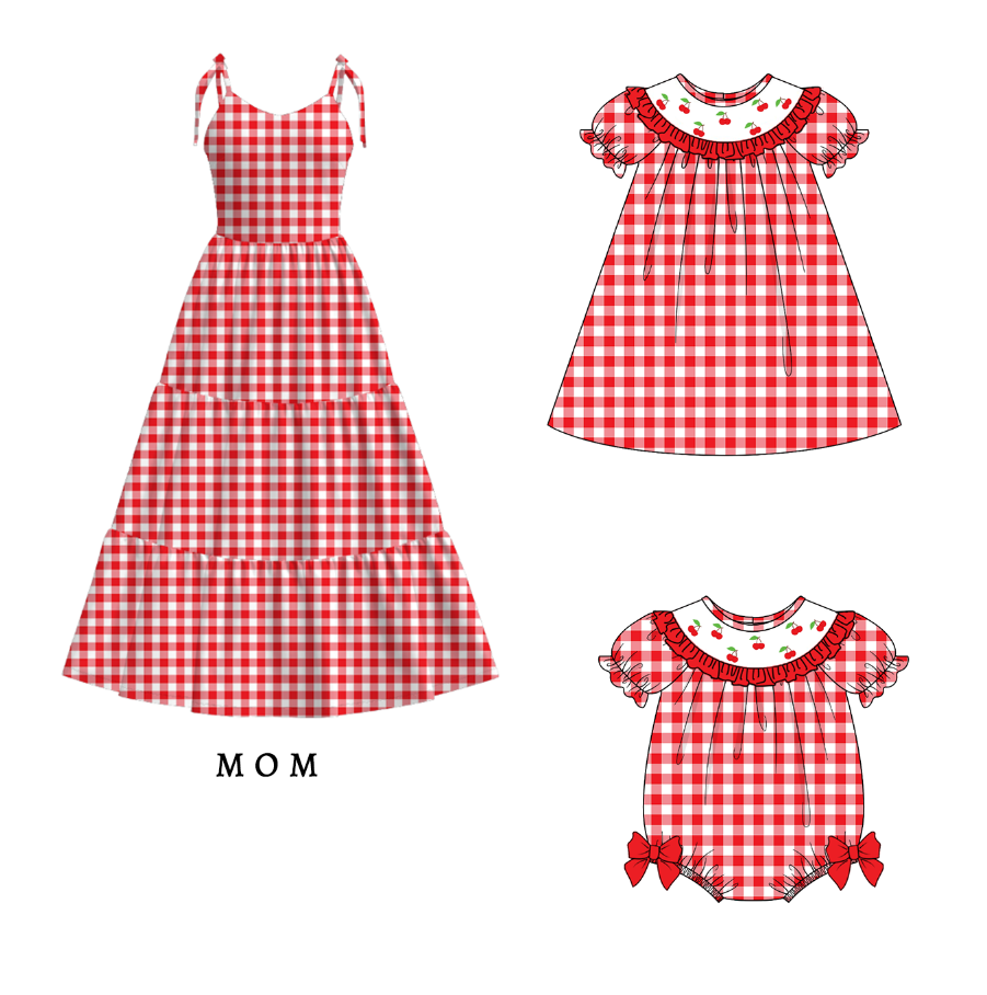 （Pre Order）Mommy and Me Spring＆Summer Cherry Embroidery Smocked Dress,Romper