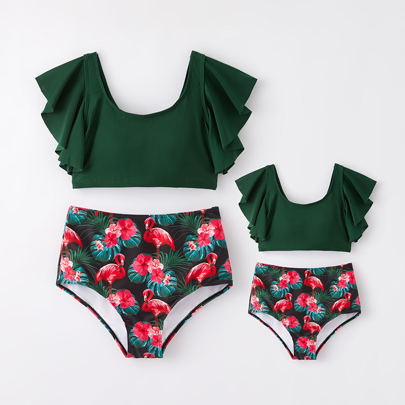 （In Stock）Mommy and Me Summer Flamingo Print Dark Green Swimsuit