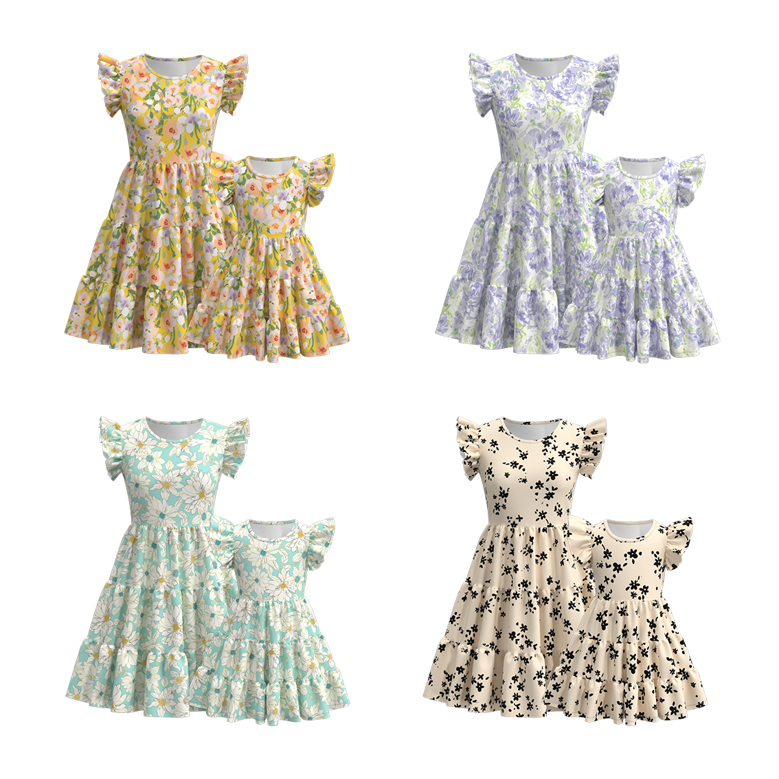 （Pre Order）Summer Flower Print Mommy and Me Ruffled Dress