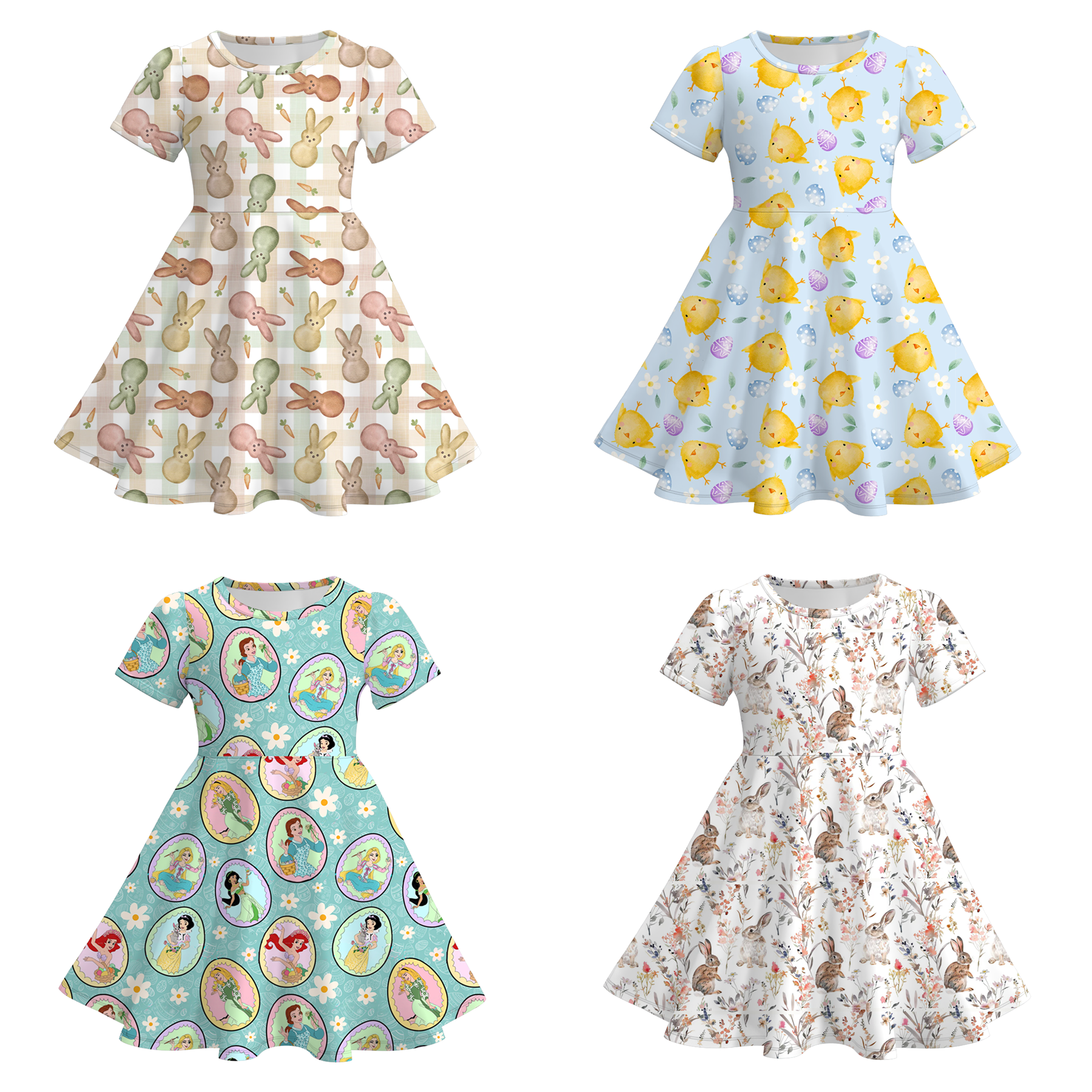 （Pre Order）Girls Spring and Summer Chick＆Easter Bunny Print Dress