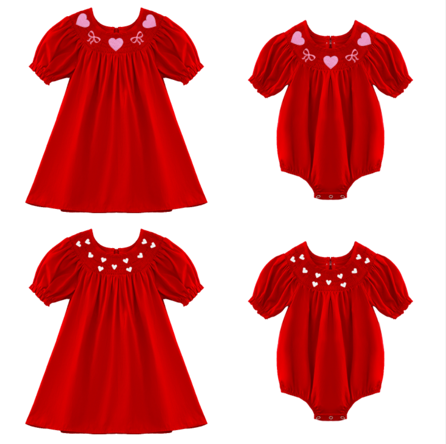 （Pre Order）Girls Valentine's Day Embroidery Smocked Dress and Romper