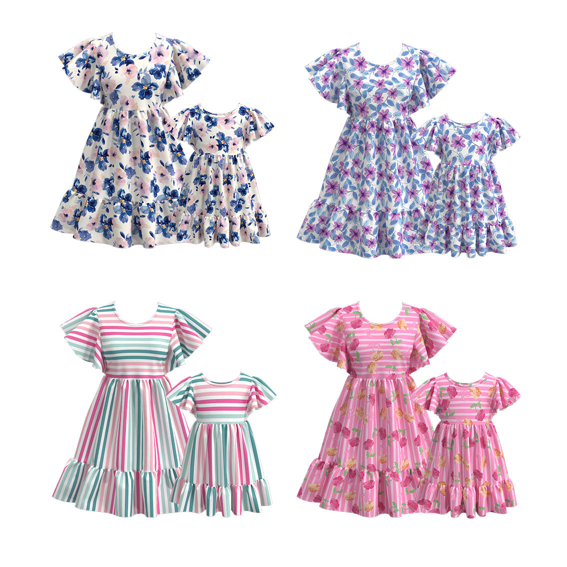 （Pre Order）Summer Flower Stripes Mommy and Me Dress