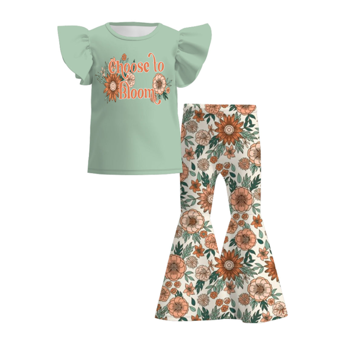 （Pre Order）Girls Vintage Floral Print Flare Pants Set