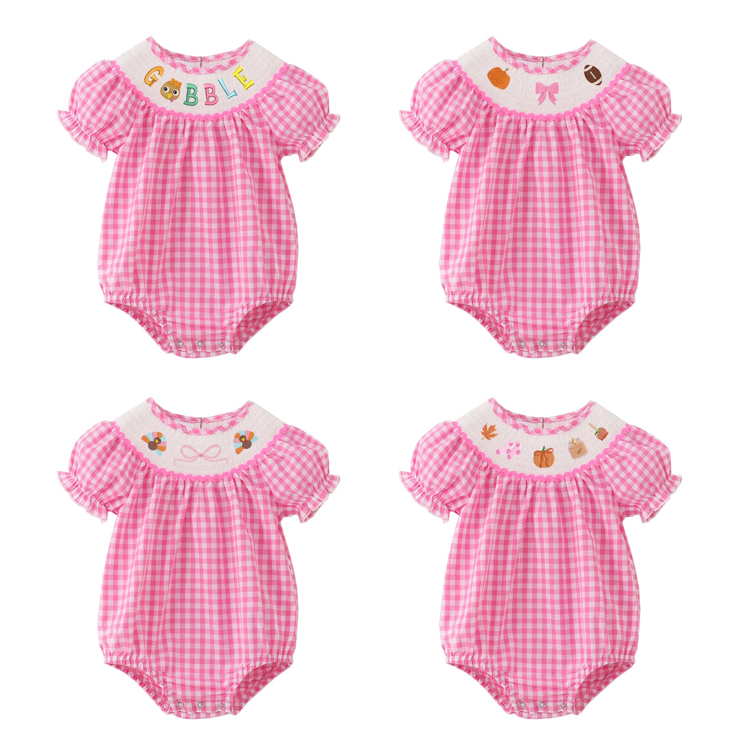 （Pre Order）Baby Girls Pink Plaid Thanksgiving Embroidery Smocked Romper