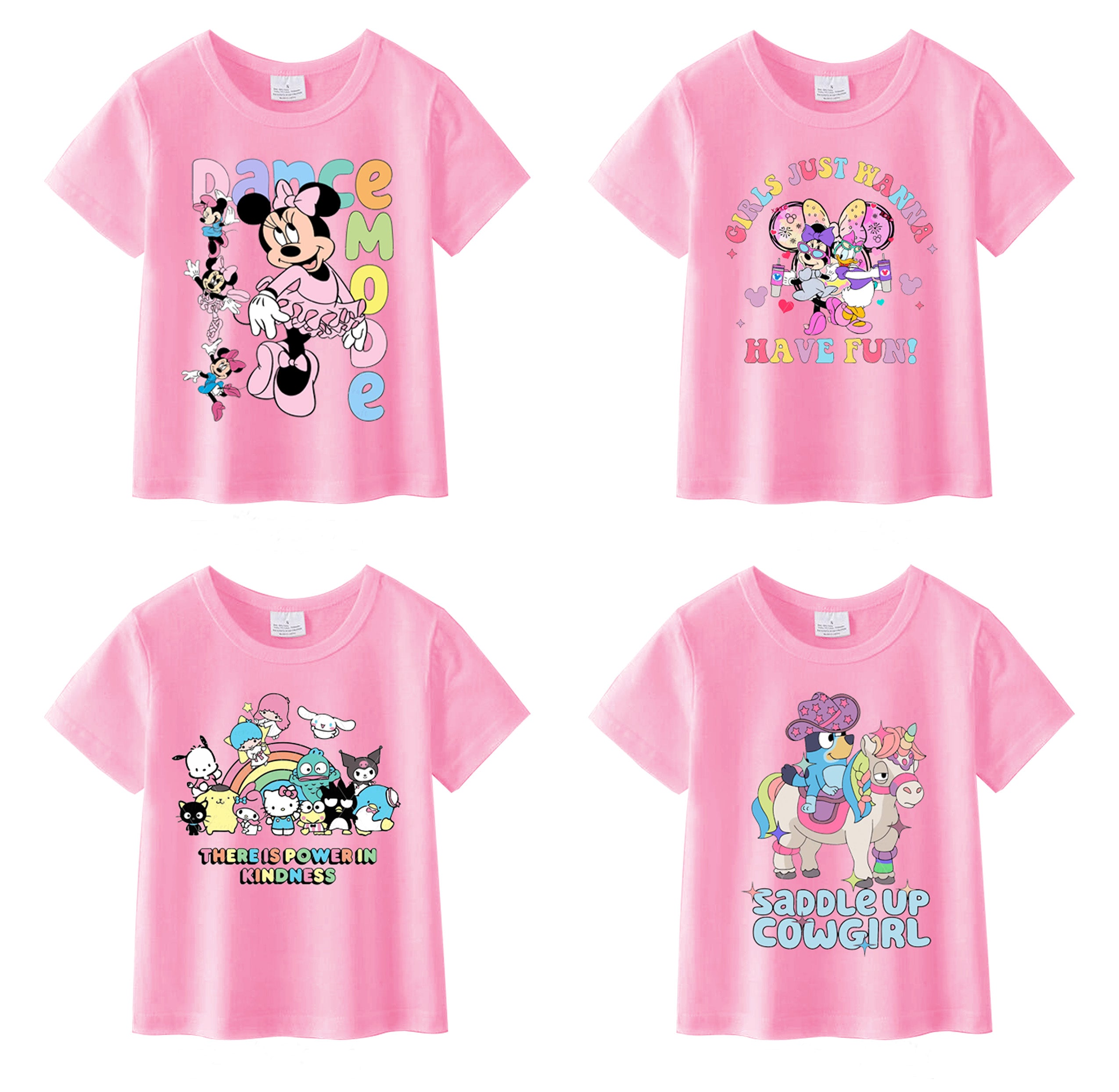 （Pre Order）Summer Girls Pink Cotton Cartoon Print T-shirt