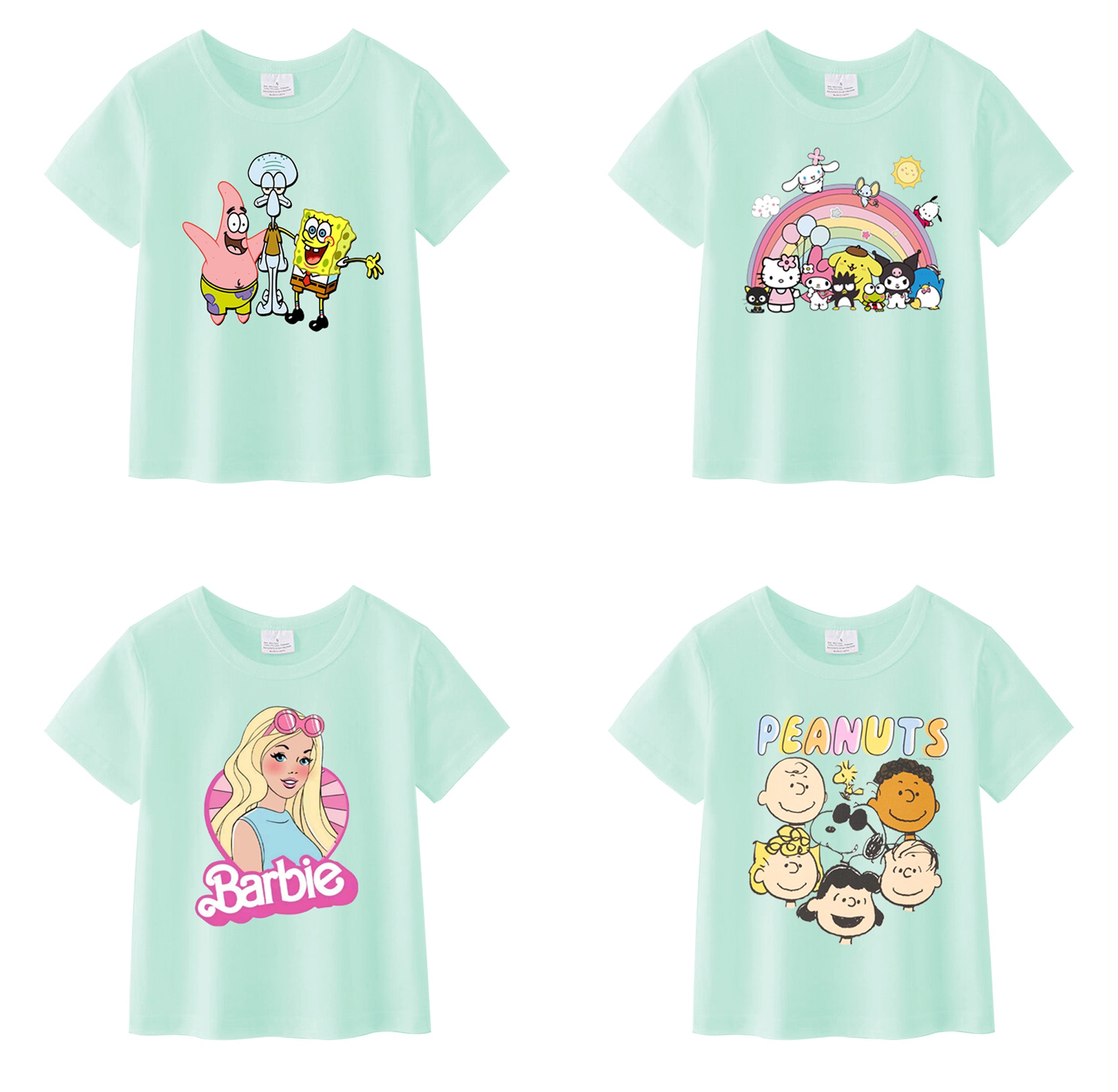 （Pre Order）Summer Girls Mint Cotton Cartoon Print T-shirt