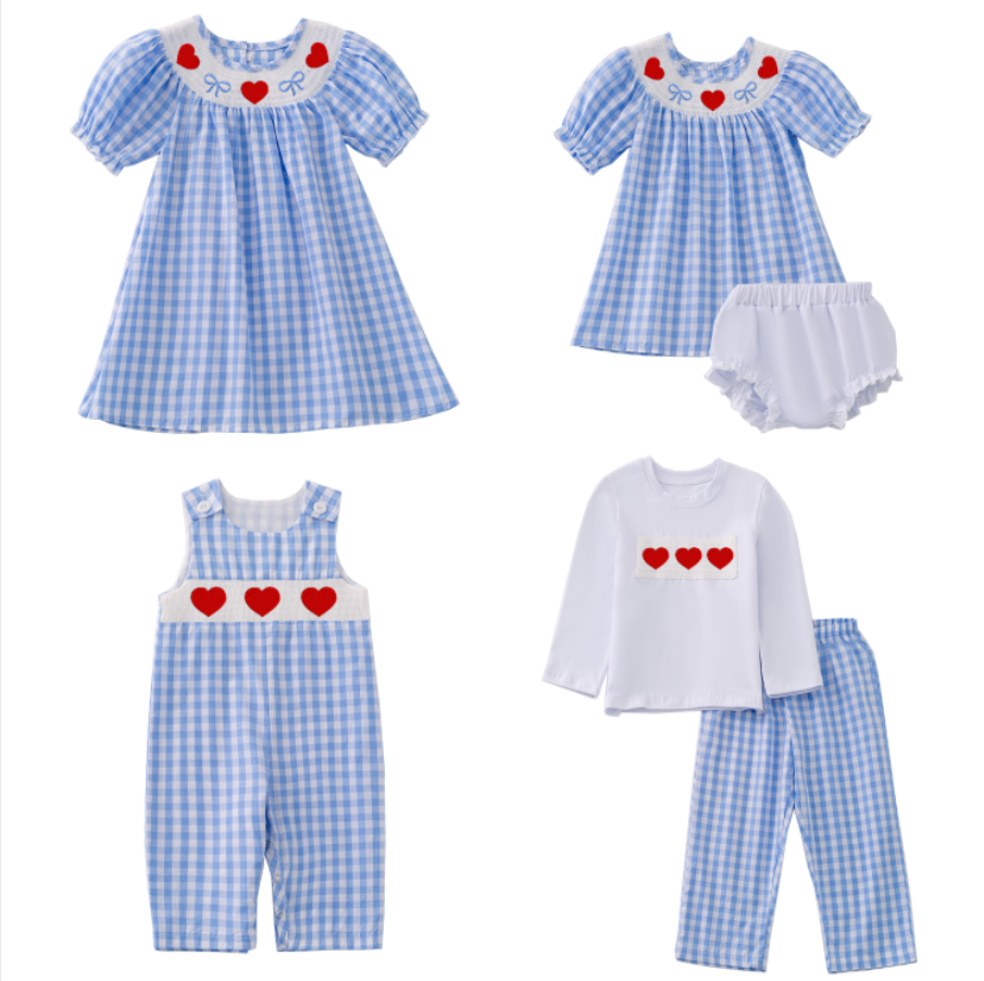 （Pre Order）Girls and Boys Valentine's Day Embroidery Smocked Dress Romper Outfit