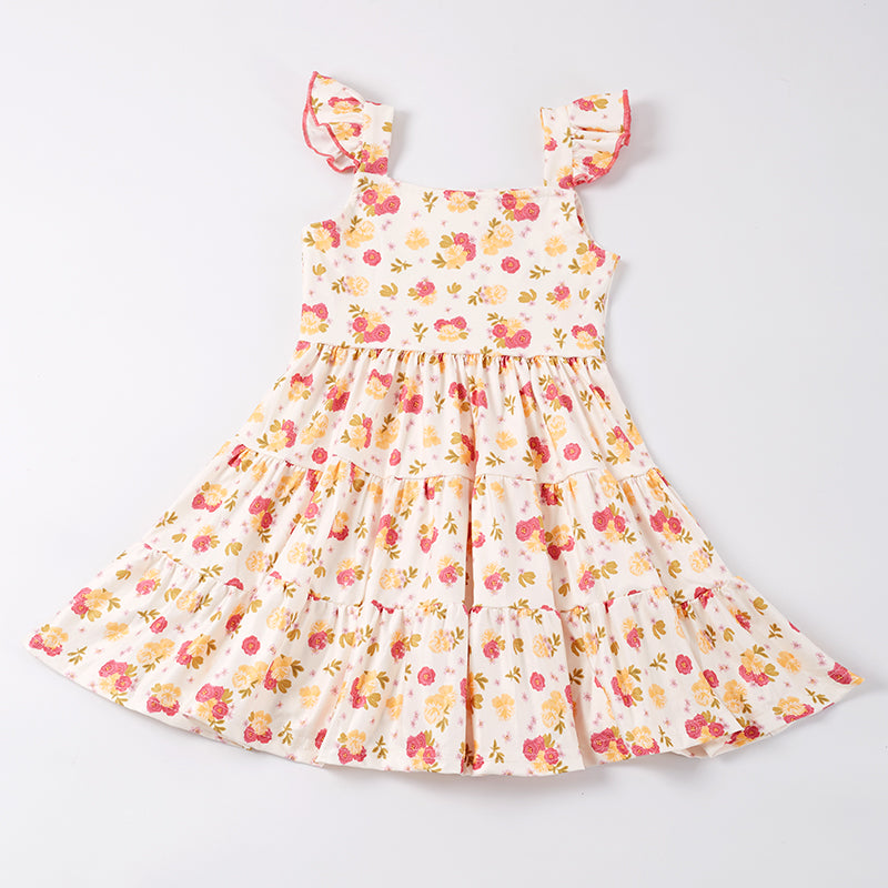 Girls Yellow Floral Suspenders Dress