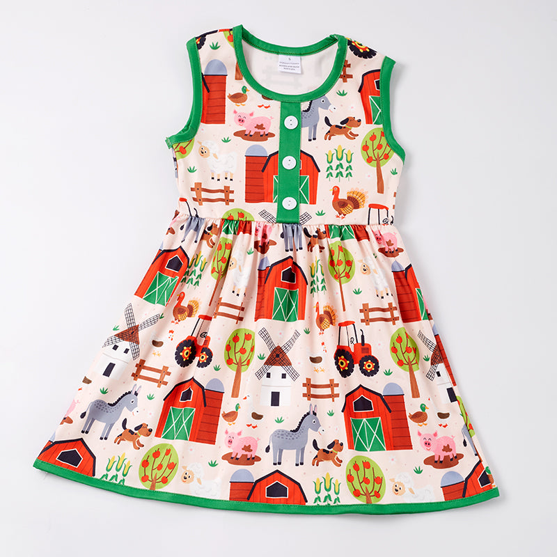 Girls Green Farm Life Sleeveless Dress