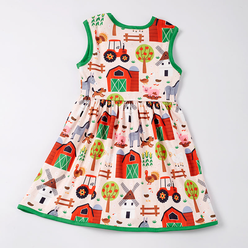 Girls Green Farm Life Sleeveless Dress