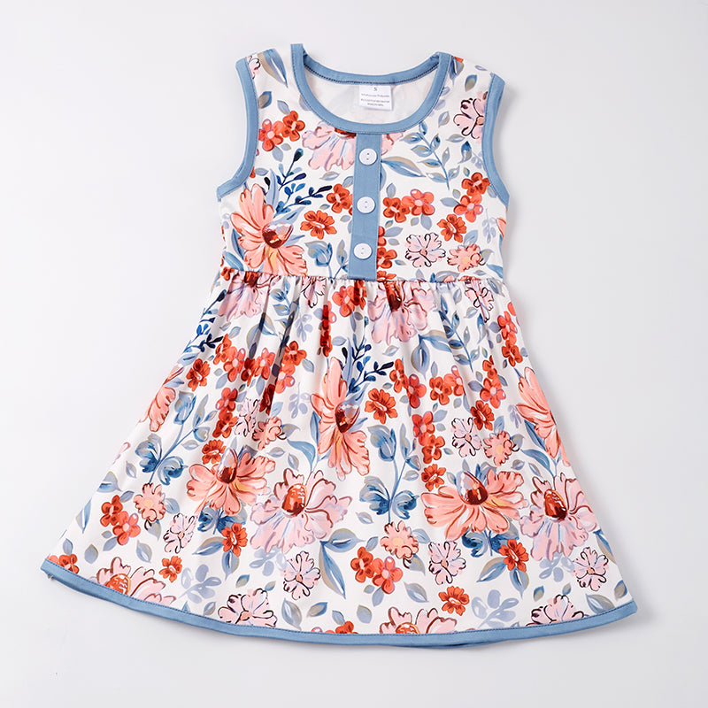 Girls Blue Coral Floral Sleeveless Dress