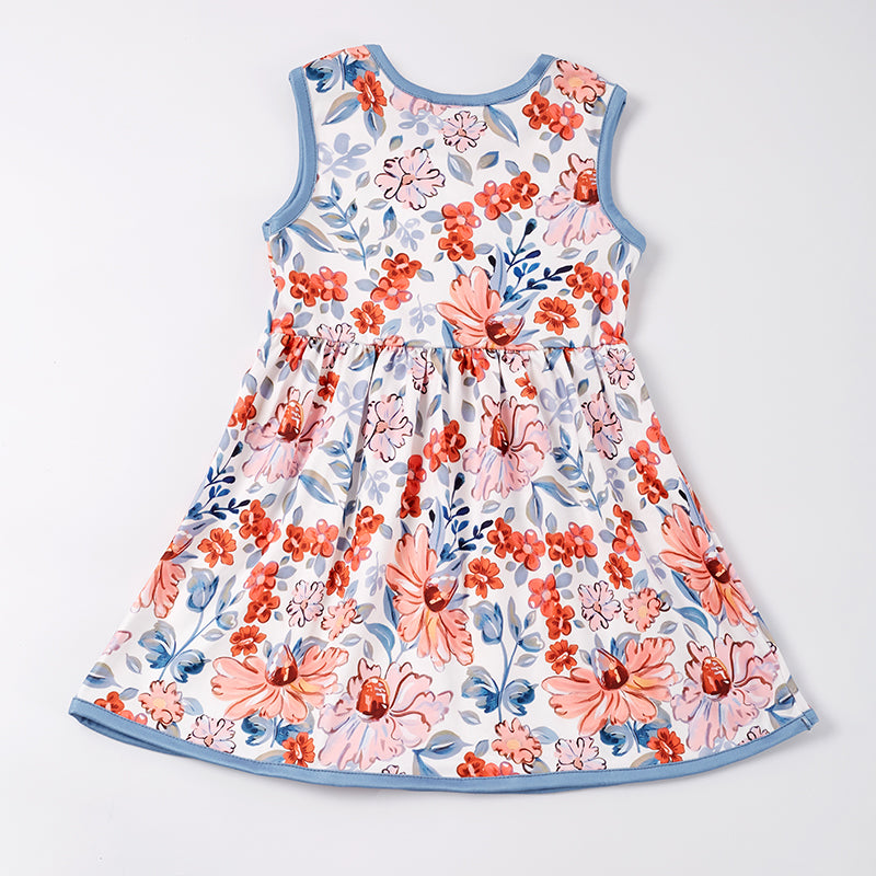 Girls Blue Coral Floral Sleeveless Dress