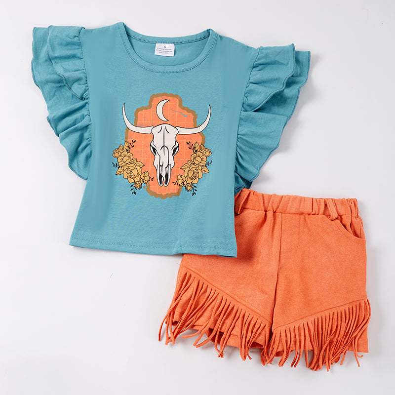 Girls Jade Cow Suede Fringe Shorts Set