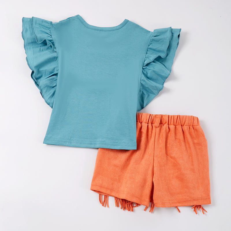 Girls Jade Cow Suede Fringe Shorts Set