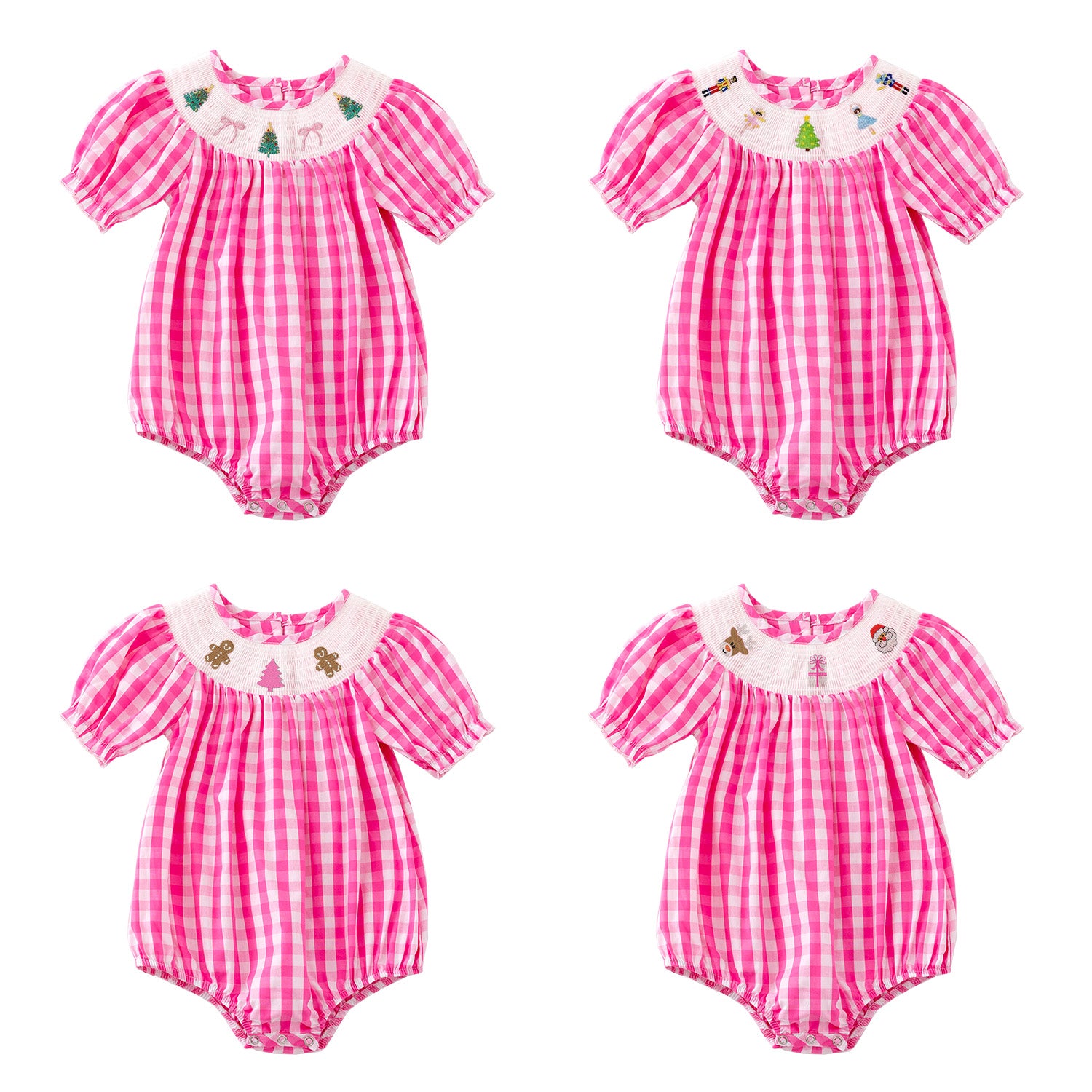 （Pre Order）Baby Girls Pink Plaid Christmas Embroidery Smocked Romper