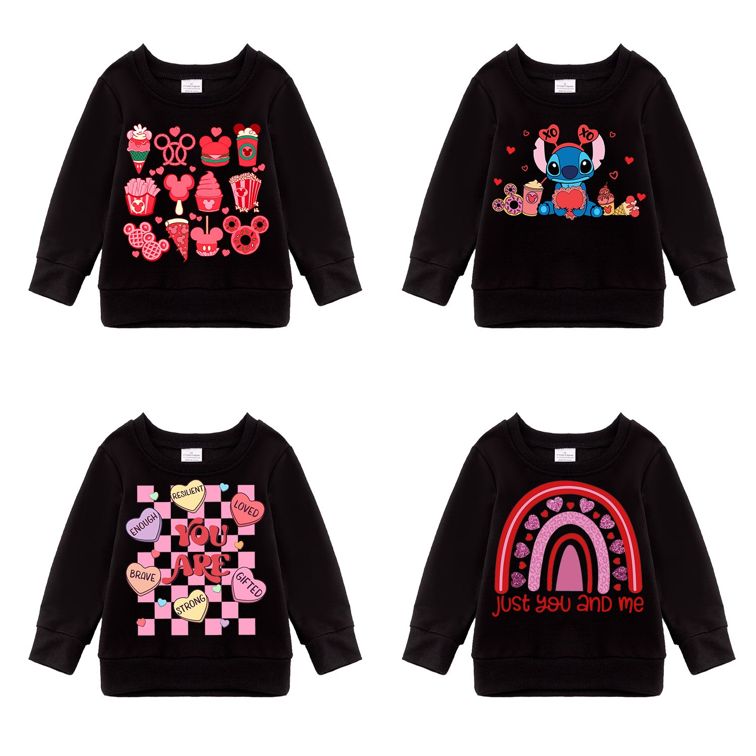 （Pre Order）Girls Valentine's Day Cartoon Print Black Sweatshirt