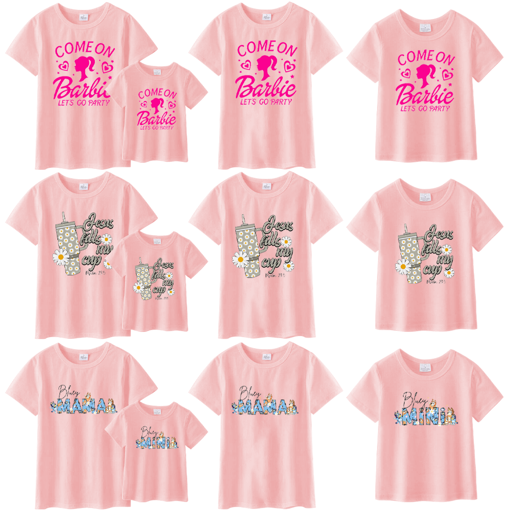 （Pre Order）Mommy & me Cartoon Printed Short Sleeve Pink T-shirt