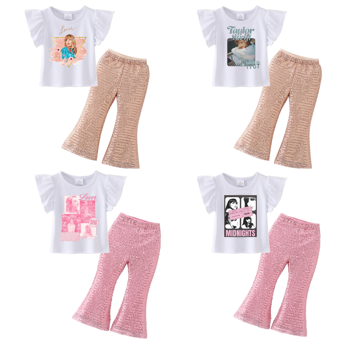 （Pre Order）Girls Cotton Print Top Pink Sequins Flare Pant Set