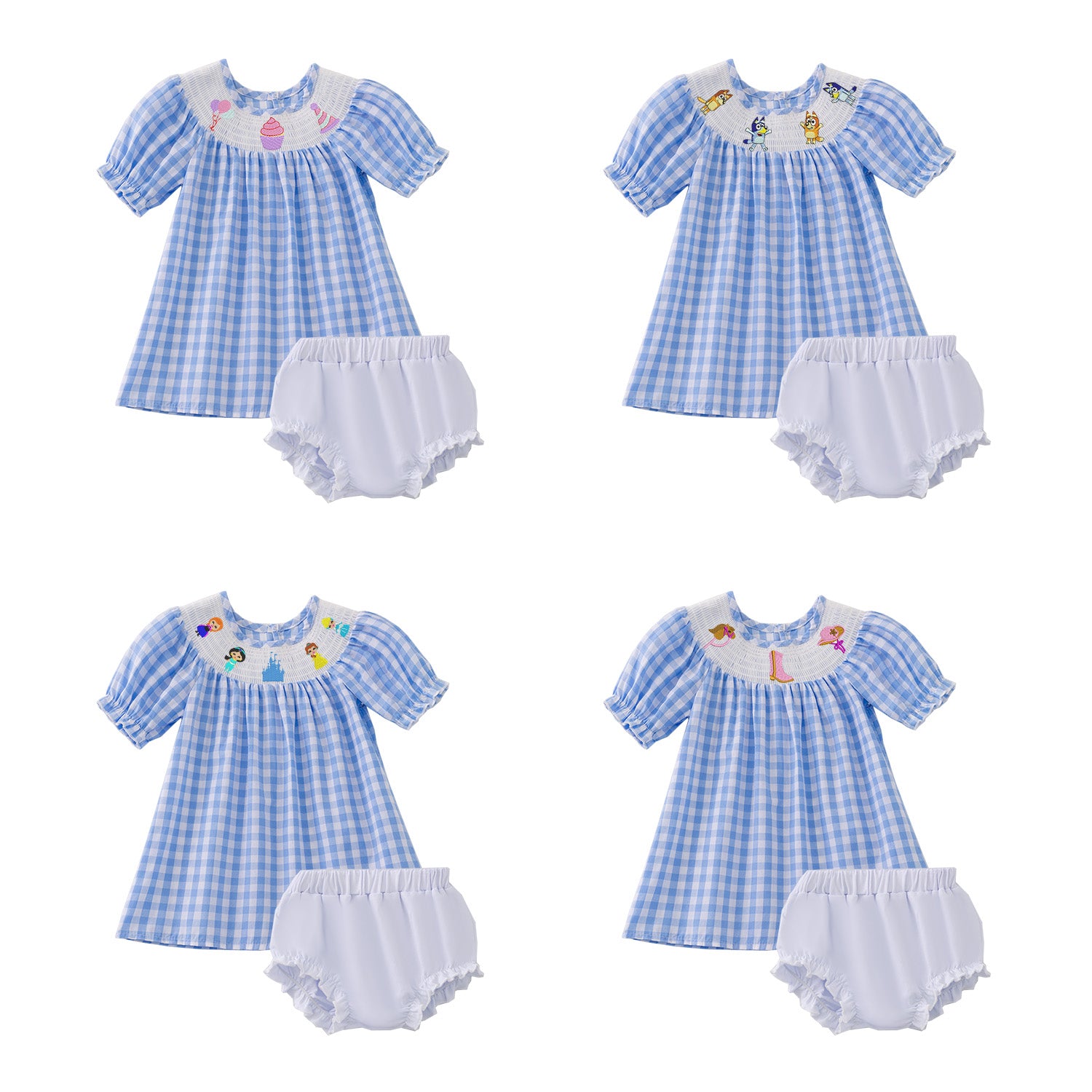 （Pre Order）Baby Girls Cartoon Embroidery Smocked Bloomer Set