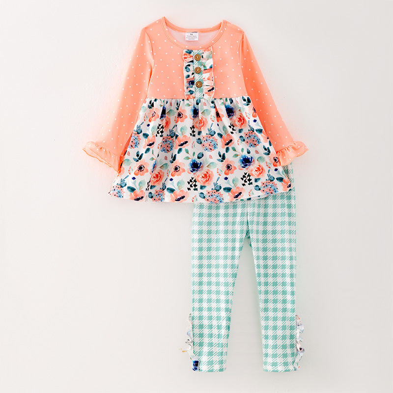 （In Stock G26-05-01）Girls Orange Floral Print Outfit Set