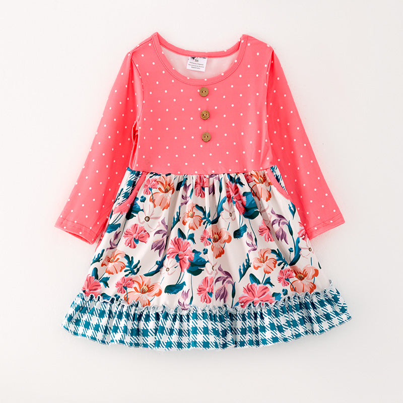 （In Stock G26-04-02）Girls Pink Floral Print Dress