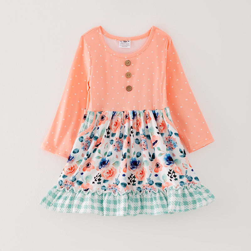 （In Stock G26-04-01）Girls Orange Floral Print Dress