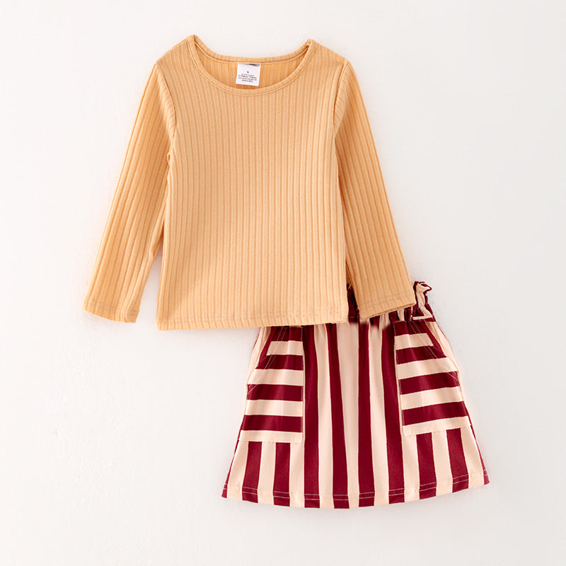 （In Stock G26-04-02）Girls Beige Top Striped Skirt Set