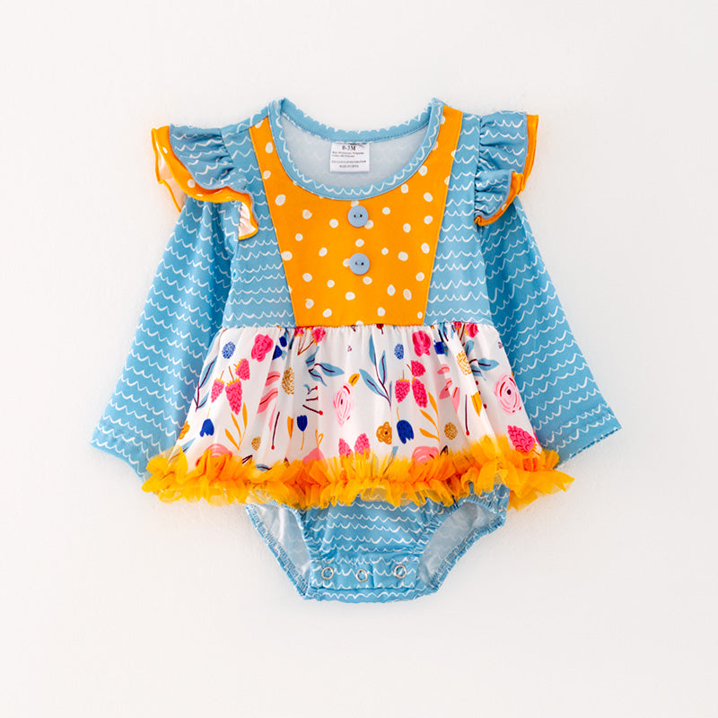 （In Stock G28-04-02）Baby Girls Floral Print Blue Sleeve Romper