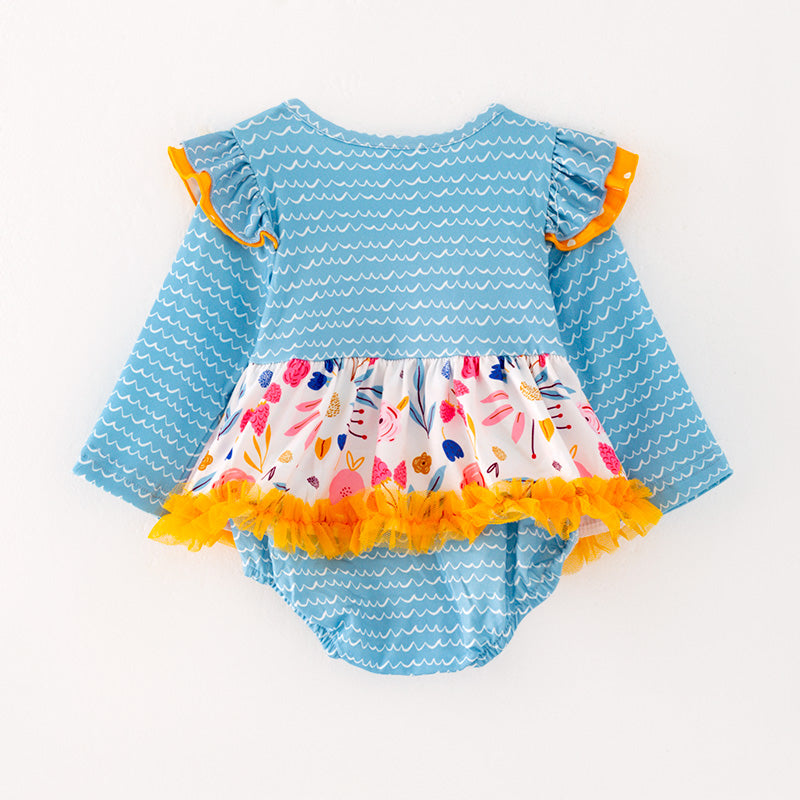 （In Stock G28-04-02）Baby Girls Floral Print Blue Sleeve Romper