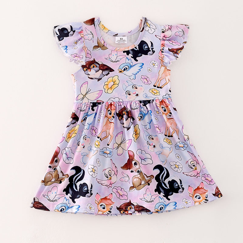 （In Stock）Girls Spring and Summer Deer Print Flying Sleeve Dress