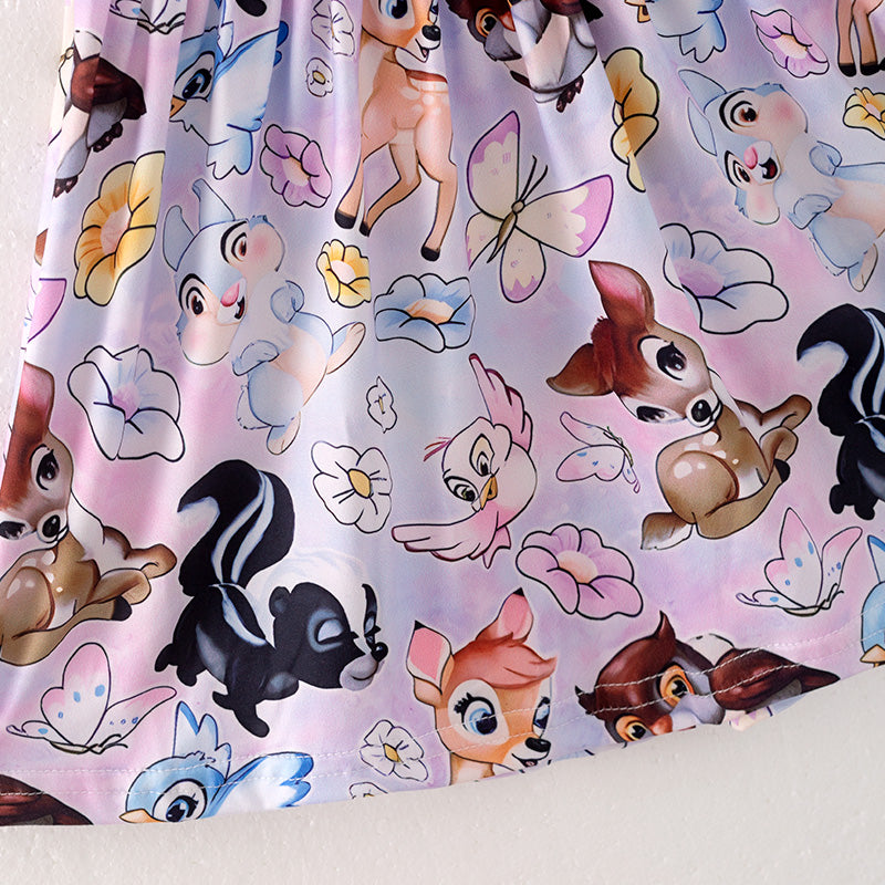 （In Stock）Girls Spring and Summer Deer Print Flying Sleeve Dress