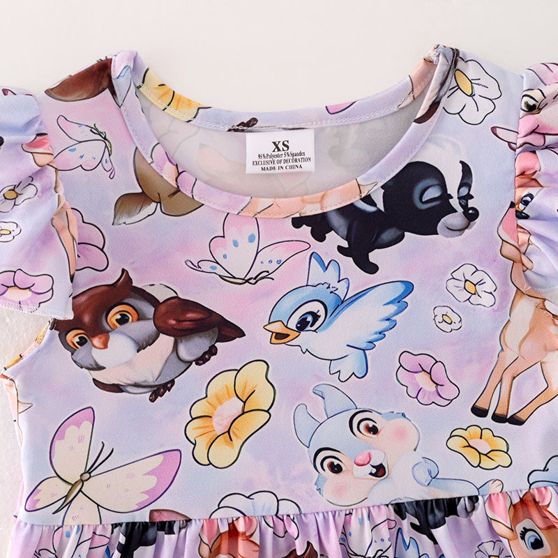 （In Stock）Girls Spring and Summer Deer Print Flying Sleeve Dress