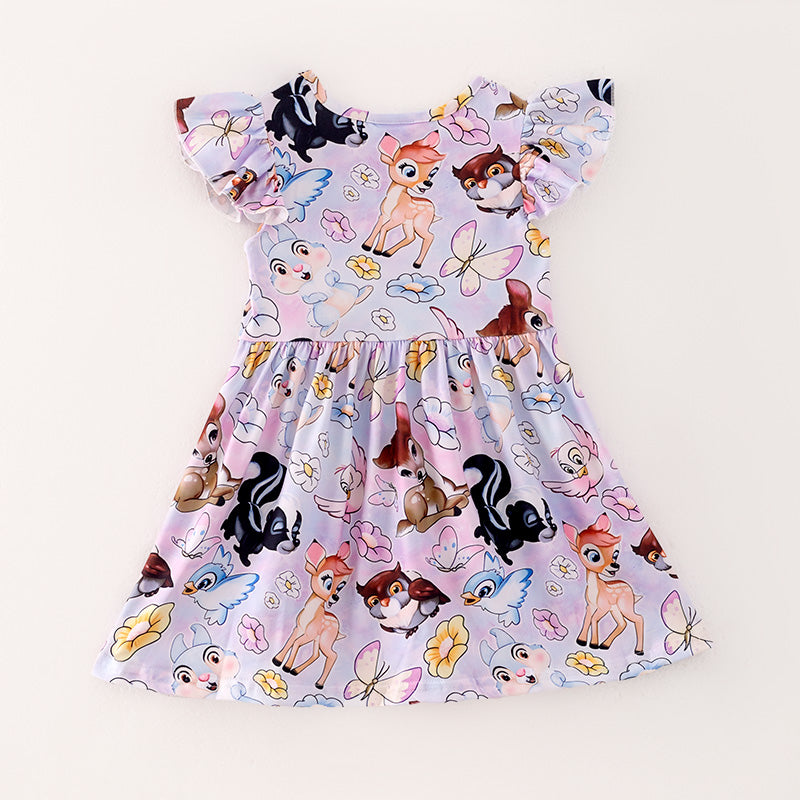 （In Stock）Girls Spring and Summer Deer Print Flying Sleeve Dress