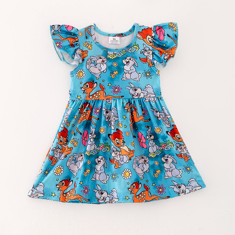 （In Stock）Girls Spring and Summer Deer Print Flying Sleeve Dress