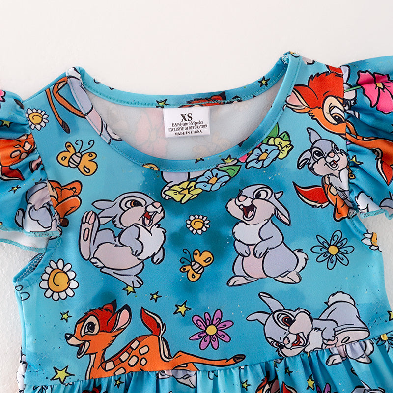 （In Stock）Girls Spring and Summer Deer Print Flying Sleeve Dress