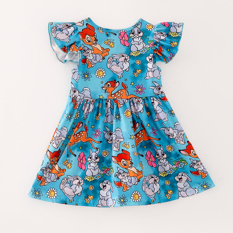 （In Stock）Girls Spring and Summer Deer Print Flying Sleeve Dress