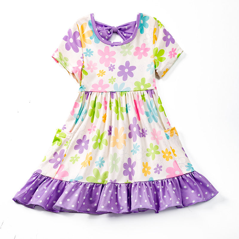 （In Stock E24-3-3）Girls Lavender Floral Bow Pocket Dress