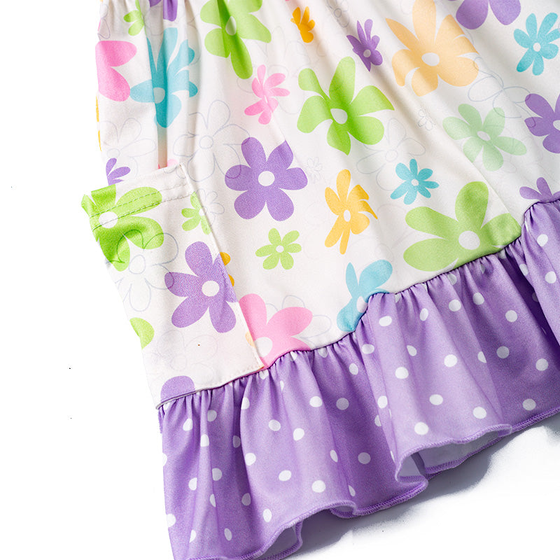 （In Stock E24-3-3）Girls Lavender Floral Bow Pocket Dress