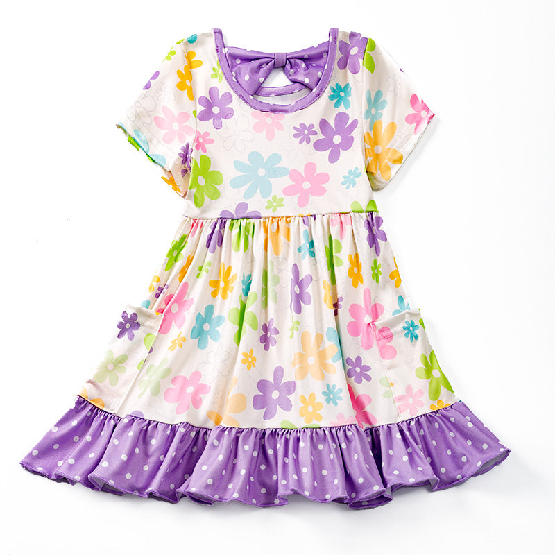 （In Stock E24-3-3）Girls Lavender Floral Bow Pocket Dress