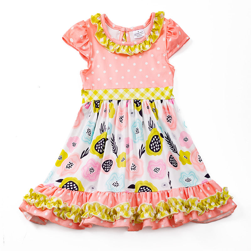 （In Stock E29-4-2）Girls Coral Polka Dots Floral Dress