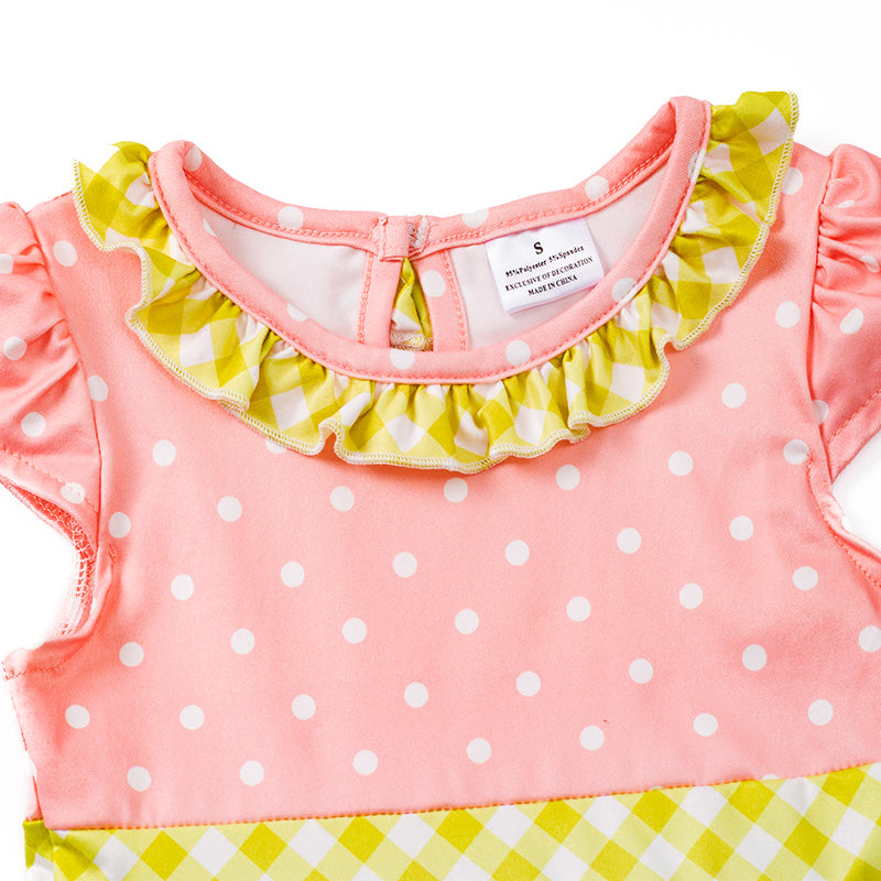 （In Stock E29-4-2）Girls Coral Polka Dots Floral Dress