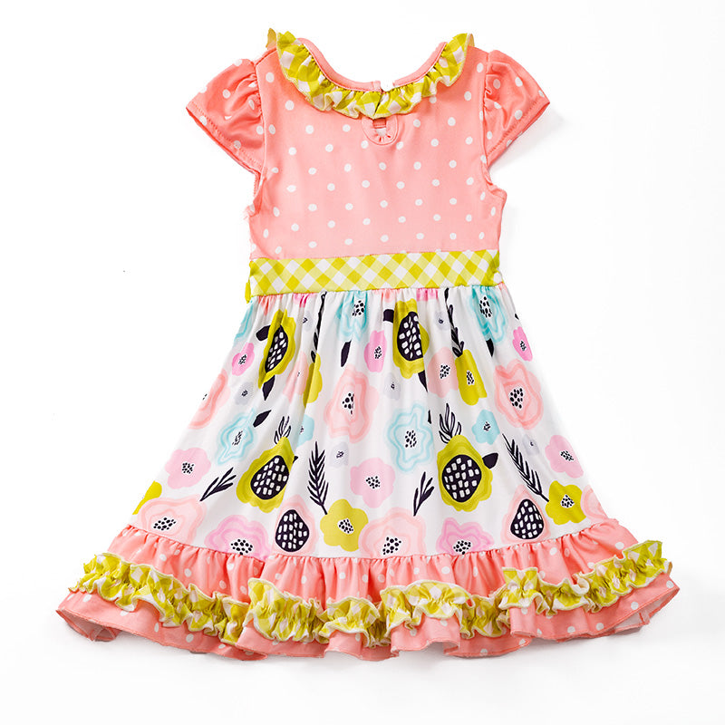 （In Stock E29-4-2）Girls Coral Polka Dots Floral Dress