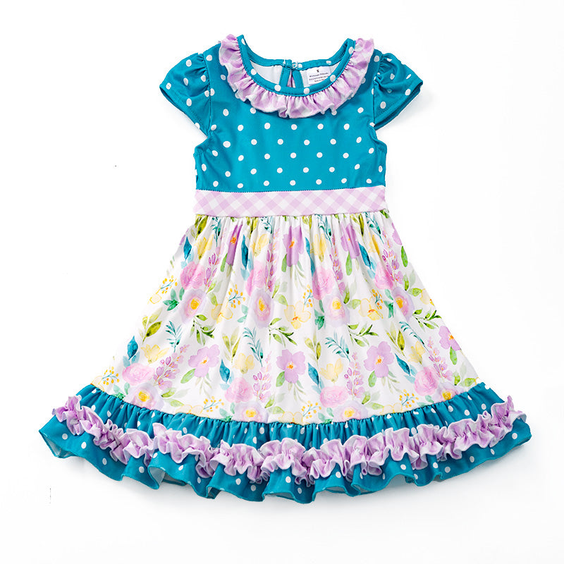 （In Stock E29-5-1）Girls Jade Polka Dots Floral Dress