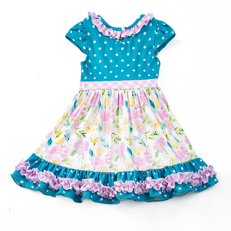 （In Stock E29-5-1）Girls Jade Polka Dots Floral Dress