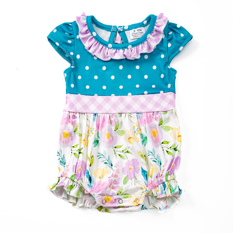 （In Stock E29-5-1）Girls Jade Polka Dots Floral Romper