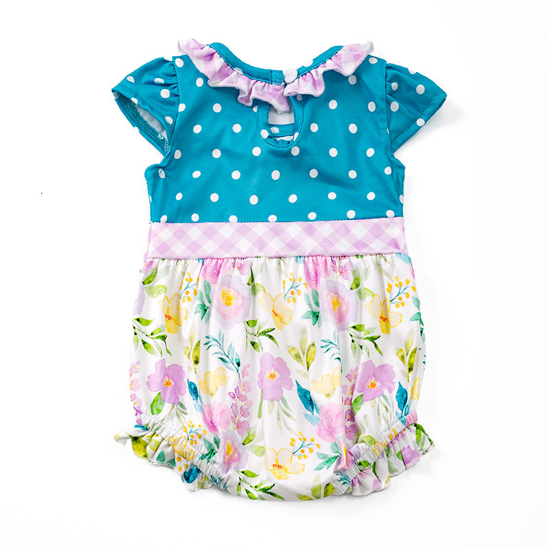 （In Stock E29-5-1）Girls Jade Polka Dots Floral Romper