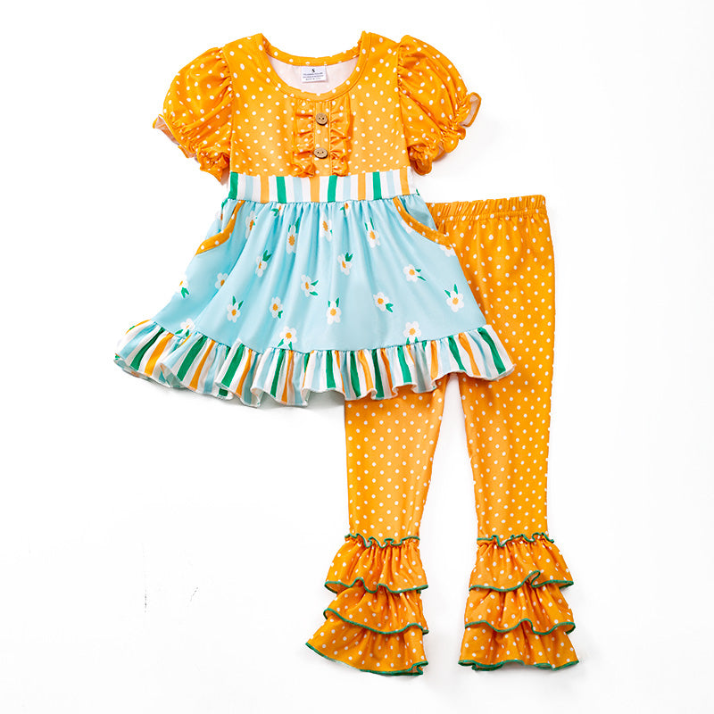 （In Stock E29-5-3）Girls Mustard Dots Blue Floral Pants Set