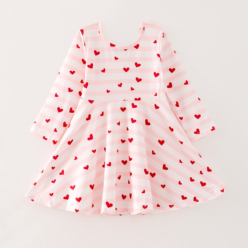 （In Stock）Girls Valentine's Day Love Print Pink Stripe Dress