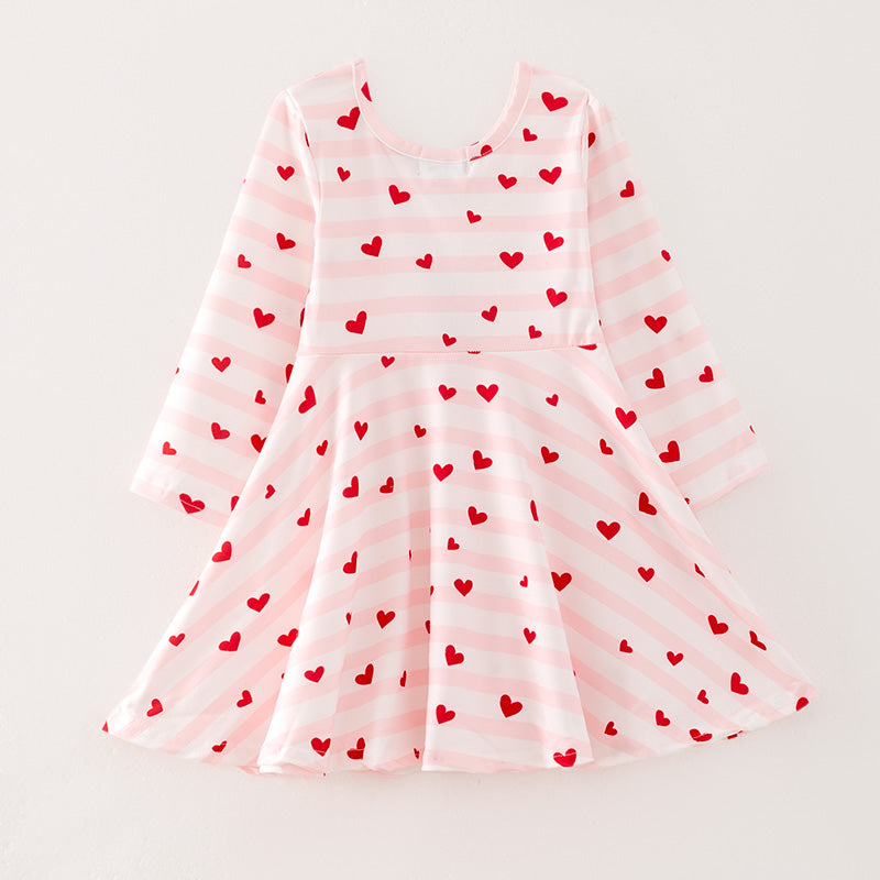 （In Stock）Girls Valentine's Day Love Print Pink Stripe Dress